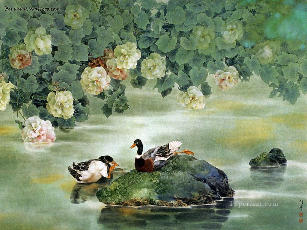 中国の花の絵の鳥油絵